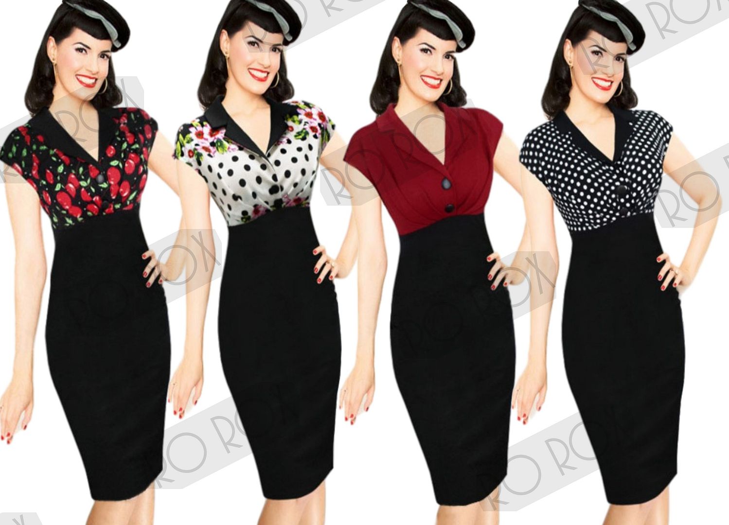 Rockabilly Pinup 50s Dress Black Polka Floral Cherries Sexy Party ...