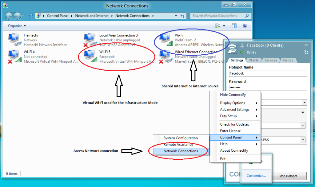 Screenshot above shows how to access Network Connections. It also a way to verify if your adapter is compatible and working with Connectify.