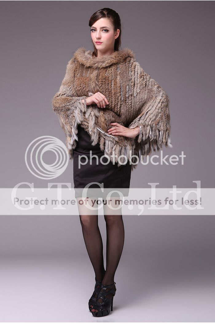   Fashion Hooded Rabbit Fur Cape Poncho Shawl with Raccoon Fur Trim