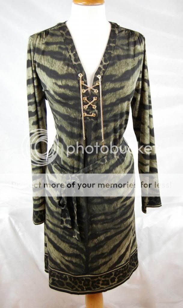 NWT Michael Kors 1x Samburu Safari Green Animal Print Lace Up Border Dress