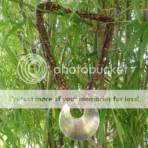   beach style wood necklace with a huge round shell that complements